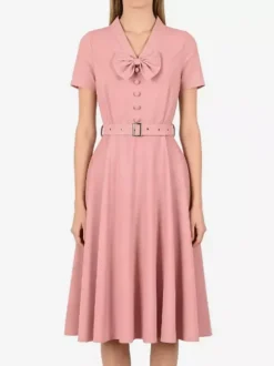 Robe vintage années 1950 robe swing vintage col à n艙ud papillon manches courtes robe de thé