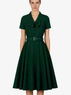 Robe vintage années 1950 robe swing vintage col à n艙ud papillon manches courtes robe de thé