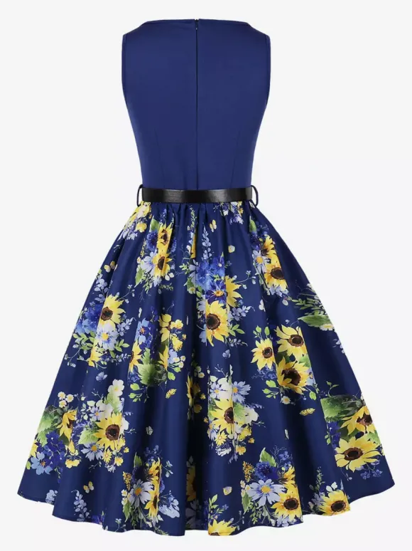 Robe vintage années 1950 robe trapèze fleurie sans manches robe midi style tea party