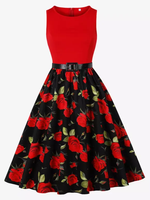 Robe vintage années 1950 robe trapèze fleurie sans manches robe midi style tea party
