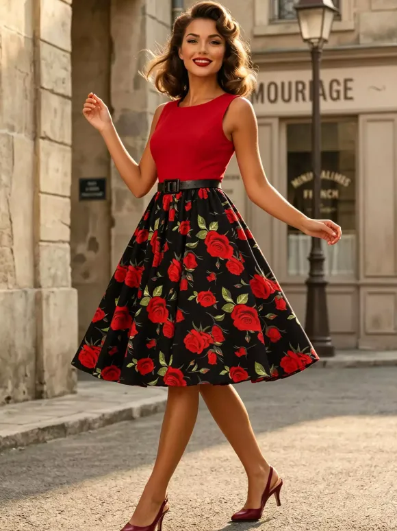 Robe vintage années 1950 robe trapèze fleurie sans manches robe midi style tea party