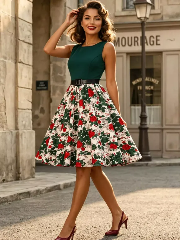 Robe vintage années 1950 robe trapèze fleurie sans manches robe midi style tea party
