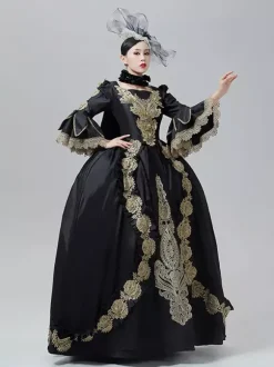 Robe vintage baroque rococo victorienne de style Marie-Antoinette broderies dorées robe noire