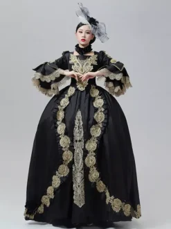 Robe vintage baroque rococo victorienne de style Marie-Antoinette broderies dorées robe noire