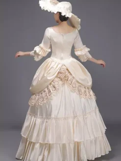 Robe Vintage Bleu Ciel Clair Rétro Costumes Dentelle Chapeau Femme Marie Antoinette Tunique Royale Mascarade Robe De Bal Déguisement Médiéval