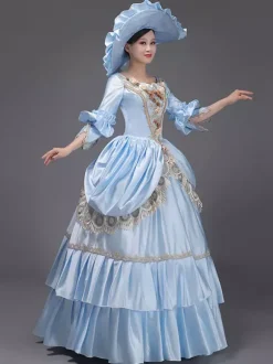 Robe Vintage Bleu Ciel Clair Rétro Costumes Dentelle Chapeau Femme Marie Antoinette Tunique Royale Mascarade Robe De Bal Déguisement Médiéval