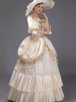 Robe Vintage Bleu Ciel Clair Rétro Costumes Dentelle Chapeau Femme Marie Antoinette Tunique Royale Mascarade Robe De Bal Déguisement Médiéval
