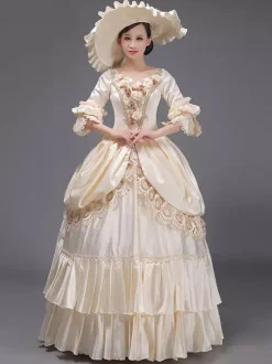 Robe Vintage Bleu Ciel Clair Rétro Costumes Dentelle Chapeau Femme Marie Antoinette Tunique Royale Mascarade Robe De Bal Déguisement Médiéval
