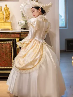 Robe Vintage Champagne Rétro Costumes Femme Marie Antoinette Costume Dentelle Volants Tunique 18ème Siècle Déguisement Médiéval
