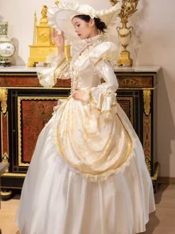 Robe Vintage Champagne Rétro Costumes Femme Marie Antoinette Costume Dentelle Volants Tunique 18ème Siècle Déguisement Médiéval