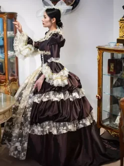 Robe Vintage Costumes Rétro Marron Foncé Dentelle Chapeaux Femmes Marie Antoinette Tunique Mascarade Robe De Bal Déguisement Médiéval