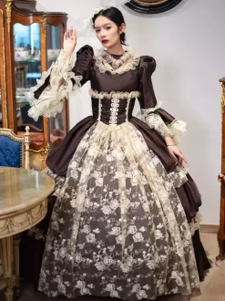 Robe Vintage Costumes Rétro Marron Foncé Dentelle Chapeaux Femmes Marie Antoinette Tunique Mascarade Robe De Bal Déguisement Médiéval