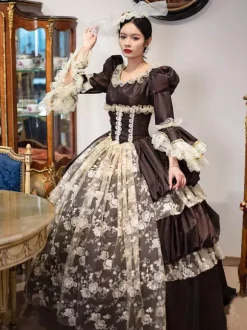 Robe Vintage Costumes Rétro Marron Foncé Dentelle Chapeaux Femmes Marie Antoinette Tunique Mascarade Robe De Bal Déguisement Médiéval