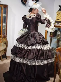 Robe Vintage Costumes Rétro Marron Foncé Dentelle Chapeaux Femmes Marie Antoinette Tunique Mascarade Robe De Bal Déguisement Médiéval