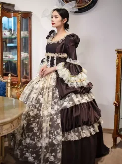 Robe Vintage Costumes Rétro Marron Foncé Dentelle Chapeaux Femmes Marie Antoinette Tunique Mascarade Robe De Bal Déguisement Médiéval
