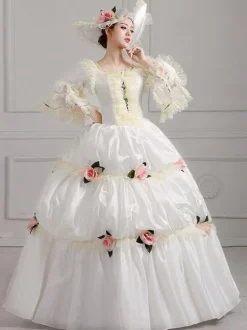 Robe Vintage 18ème siècle Costumes rétro blanc brodé Marie Antoinette Opéra couvre-chef ensemble de costumes