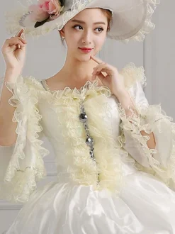 Robe Vintage 18ème siècle Costumes rétro blanc brodé Marie Antoinette Opéra couvre-chef ensemble de costumes