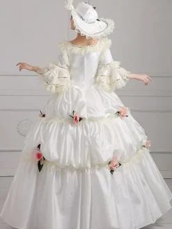 Robe Vintage 18ème siècle Costumes rétro blanc brodé Marie Antoinette Opéra couvre-chef ensemble de costumes