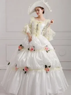 Robe Vintage 18ème siècle Costumes rétro blanc brodé Marie Antoinette Opéra couvre-chef ensemble de costumes