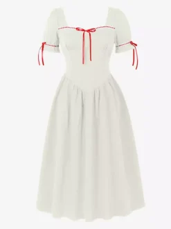 Robe vintage pour femme manches bouffantes coupe midi col carré n艙ud sur le devant évasée.