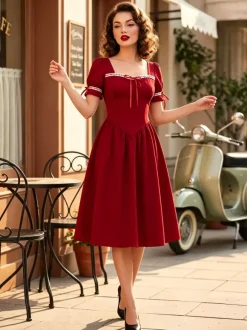 Robe vintage pour femme manches bouffantes coupe midi col carré n艙ud sur le devant évasée.