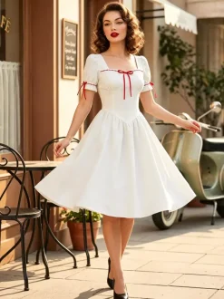 Robe vintage pour femme manches bouffantes coupe midi col carré n艙ud sur le devant évasée.