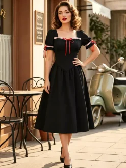 Robe vintage pour femme manches bouffantes coupe midi col carré n艙ud sur le devant évasée.