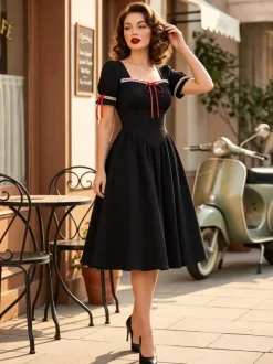 Robe vintage pour femme manches bouffantes coupe midi col carré n艙ud sur le devant évasée.