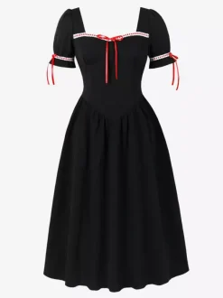 Robe vintage pour femme manches bouffantes coupe midi col carré n艙ud sur le devant évasée.