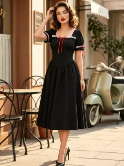 Robe vintage pour femme manches bouffantes coupe midi col carré n艙ud sur le devant évasée.