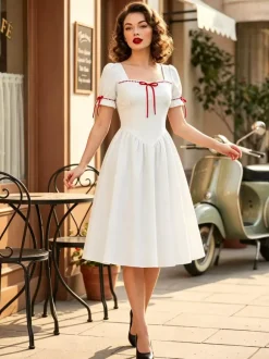 Robe vintage pour femme manches bouffantes coupe midi col carré n艙ud sur le devant évasée.