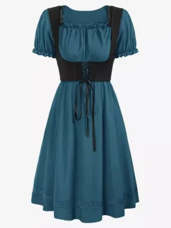 Robe vintage Renaissance pour femme col carré manches courtes dos en V coupe trapèze froncée style soirée