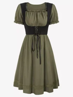Robe vintage Renaissance pour femme col carré manches courtes dos en V coupe trapèze froncée style soirée