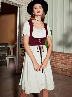 Robe vintage Renaissance pour femme col carré manches courtes dos en V coupe trapèze froncée style soirée
