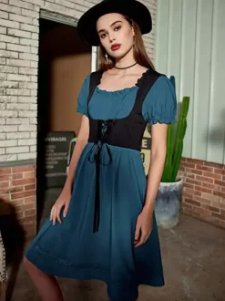 Robe vintage Renaissance pour femme col carré manches courtes dos en V coupe trapèze froncée style soirée