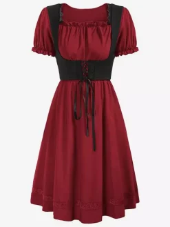 Robe vintage Renaissance pour femme col carré manches courtes dos en V coupe trapèze froncée style soirée