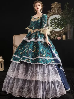 Robe Vintage Rococo Rétro Femmes Dentelle À Volants Jacquard Marie Antoinette Costume Opéra Robe De Bal Déguisements Halloween