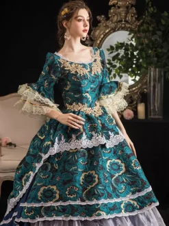 Robe Vintage Rococo Rétro Femmes Dentelle À Volants Jacquard Marie Antoinette Costume Opéra Robe De Bal Déguisements Halloween