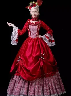 Robe Vintage Rouge Rétro Costumes Dentelle Robe Femme Vintage Tunique Marie Antoinette Costume 18ème Siècle Déguisement Médiéval Bourgogne