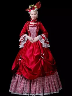 Robe Vintage Rouge Rétro Costumes Dentelle Robe Femme Vintage Tunique Marie Antoinette Costume 18ème Siècle Déguisement Médiéval Bourgogne