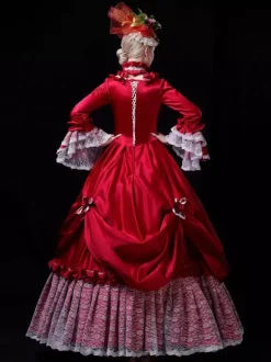 Robe Vintage Rouge Rétro Costumes Dentelle Robe Femme Vintage Tunique Marie Antoinette Costume 18ème Siècle Déguisement Médiéval Bourgogne