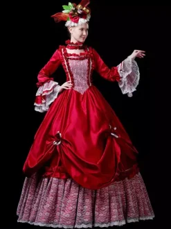 Robe Vintage Rouge Rétro Costumes Dentelle Robe Femme Vintage Tunique Marie Antoinette Costume 18ème Siècle Déguisement Médiéval Bourgogne