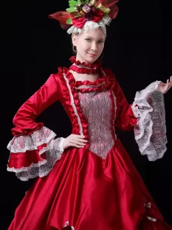 Robe Vintage Rouge Rétro Costumes Dentelle Robe Femme Vintage Tunique Marie Antoinette Costume 18ème Siècle Déguisement Médiéval Bourgogne