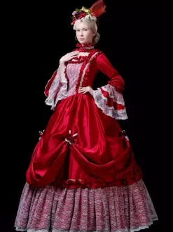 Robe Vintage Rouge Rétro Costumes Dentelle Robe Femme Vintage Tunique Marie Antoinette Costume 18ème Siècle Déguisement Médiéval Bourgogne
