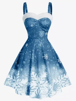 Robe vintage sans bretelles à imprimé flocons de neige dégradé pour femme