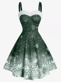 Robe vintage sans bretelles à imprimé flocons de neige dégradé pour femme