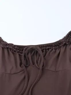 Robe à volants étagés pour femme - Robe mini Balletcore marron café épaules dénudées manches longues - Fête d'anniversaire printanière 2026