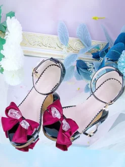 ROCOCO Style Lolita Sandales Noir Rouge Arcs En Cuir PU Bout Pointu Lolita Chaussures D'été