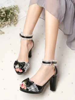 ROCOCO Style Lolita Sandales Perles Dentelle Peep Toe PU Cuir Blanc Lolita Chaussures D'été