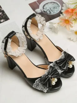 ROCOCO Style Lolita Sandales Perles Dentelle Peep Toe PU Cuir Blanc Lolita Chaussures D'été